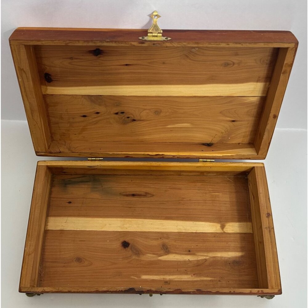 Vintage Wooden Cedar Jewelry Trinket Storage Box Metal Hinges & Feet 11.25"x3" - Picture 5 of 9